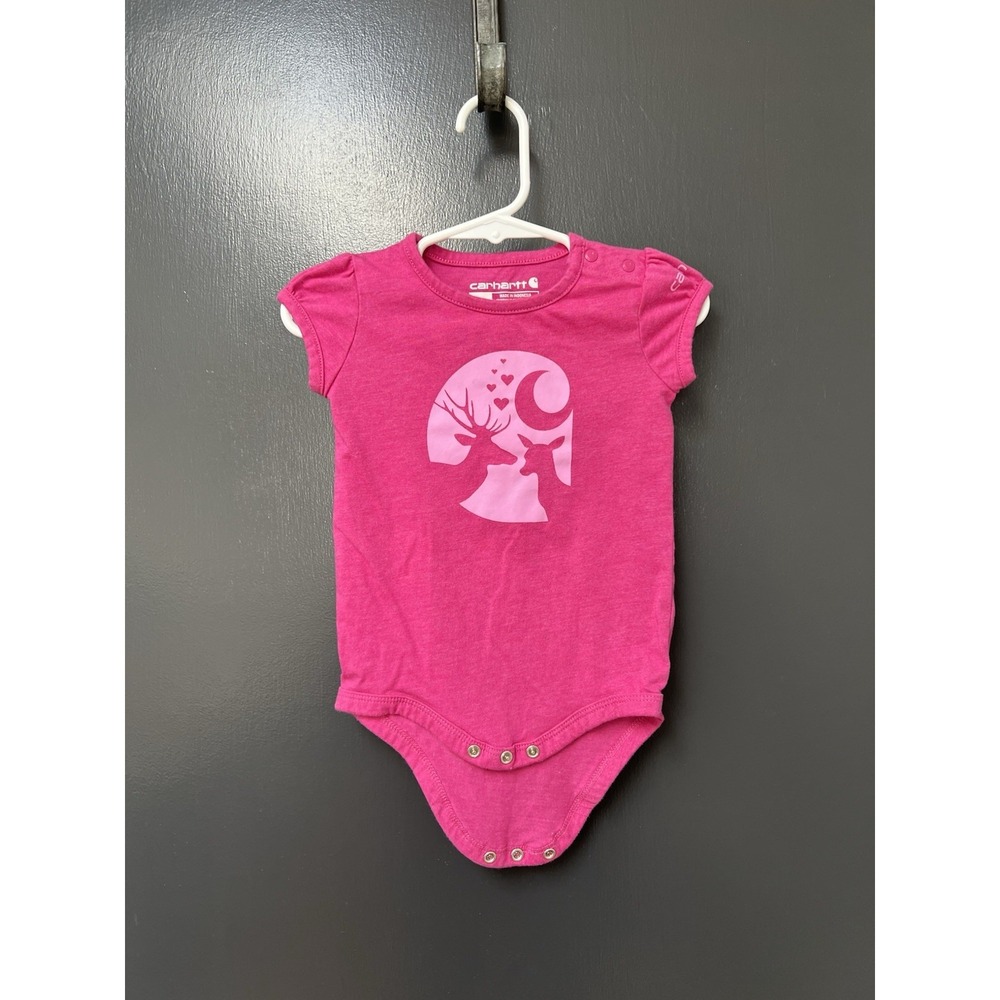 Carhartt Baby Girls Bodysuit Sz 12M Pink Deer Animal Print Short Sleeve Snaps